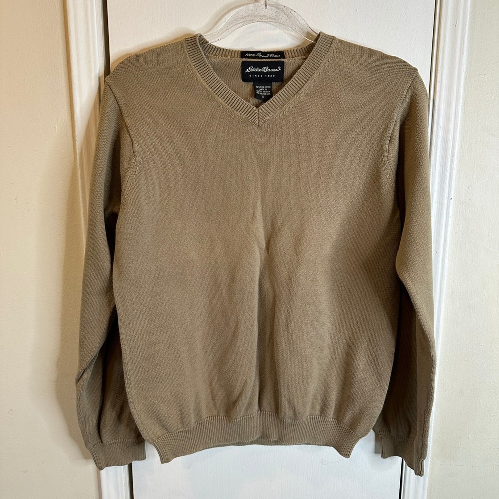 Eddie Bauer Tan V-Neck Sweater 100% Pima Supima Cotton Knit Made in UK Small